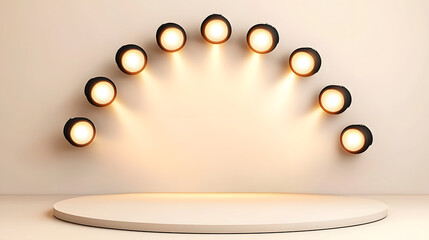 Modern display with circular lights arranged in arc, creating warm ambiance
