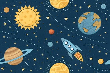 Charming illustration pattern featuring a whimsical light blue cartoon rocket ship soaring through the dark blue cosmic expanse among stylized planets and bright yellow stars