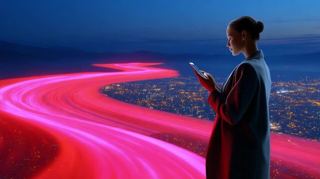 A captivating digital landscape depicting an individual standing at an elevated viewpoint while using a smartphone, with vibrant pink light trails winding through a bustling cityscape under a twilight