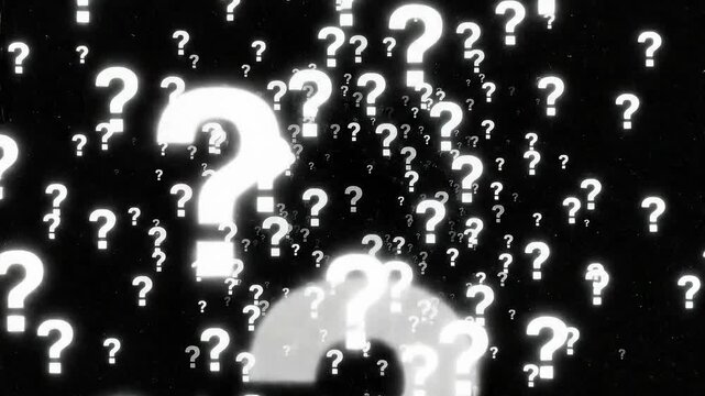 Many glowing question marks appear