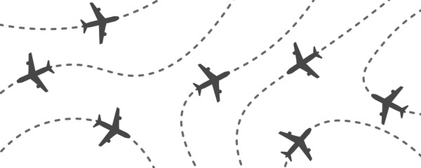Airplane flight route pattern with dotted path lines, travel and aviation background in minimal flat style. Transparent PNG and vector illustration © MKIN