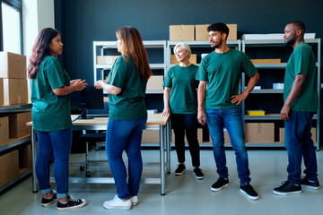 Group of young adult and middle aged multiethnic men and women standing and talking in warehouse office, discussing teamwork and logistics near desk with cardboard boxes in background