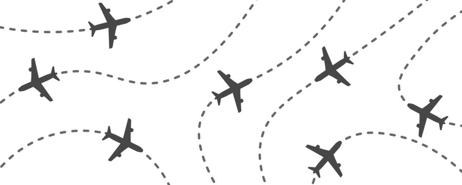 Airplane flight route pattern with dotted path lines, travel and aviation background in minimal flat style. Transparent PNG and vector illustration