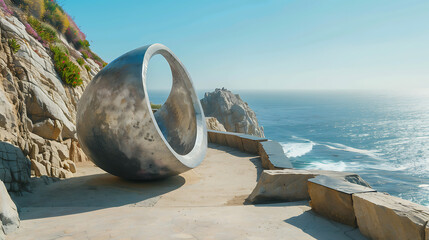 Large metal sculpture on a cliff overlooking the ocean under a clear blue sky on a sunny day