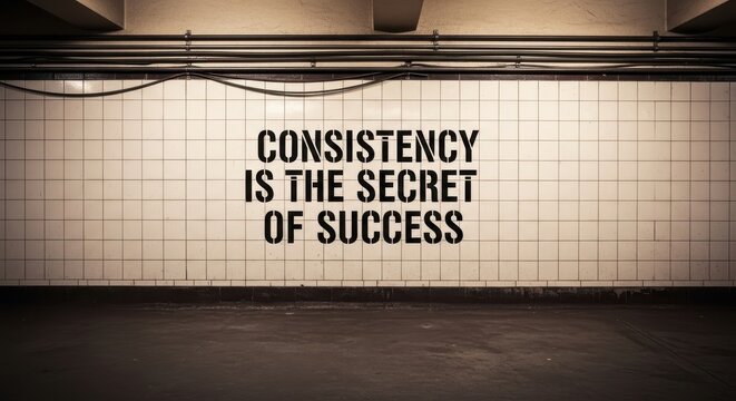 Inspiring message 'Consistency is the Secret of Success' stenciled onto a tiled wall in an urban underground setting