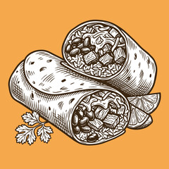 Hand Drawn Burrito Vector Illustration in Vintage Engraving Style with Lime and Cilantro