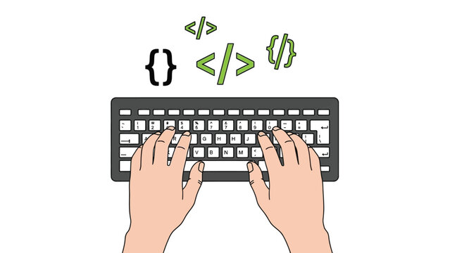 Hands typing on a keyboard surrounded by programming code symbols representing web development and coding