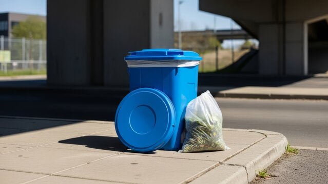 A bright blue compost bin with a lid and a full bag of organic waste on a concrete sidewalk