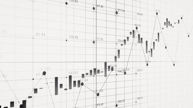 Dynamic financial stock market candlestick chart animation with numerical data on white background