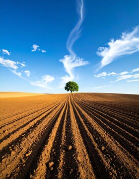 A singular tree stands in the center of a plowed field, under a vibrant blue sky dotted with wispy clouds