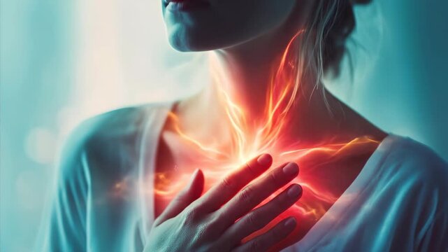 Close up of a woman experiencing chest pain due to heartburn. Acid reflux, esophageal discomfort, and health problem concept.