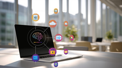 Obraz premium 近代的なオフィスで展開されるAI（人工知能）のニューラルネットワークとデータ解析のコンセプトイメージ