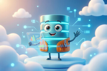 Cute anthropomorphic database server mascot in construction vest holding holographic chart, friendly 3d blue robot waving in cloud environment for web hosting, sysadmin, data management.