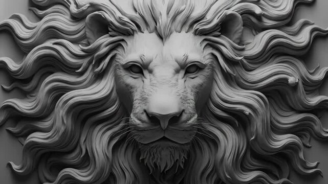 Majestic lion head sculpture with intricate mane detailing, an architectural element or decorative bas-relief for wall art