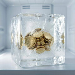 Frozen assets concept with gold coins trapped inside large ice cube in freezer, symbolizing financial savings, secured investment, emergency fund and cold hard cash liquidity crunch.