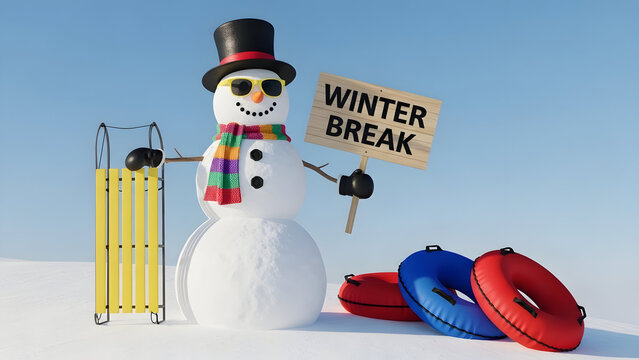 Snowman on winter break with sunglasses and tires