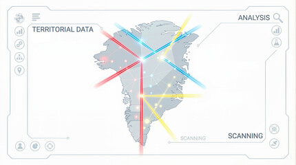 Futuristic digital interface displaying Greenland map with scanning beams, territorial data analysis, concept for arctic geopolitics, strategic resource exploration and surveillance