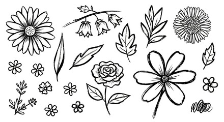 Elegant Hand-Drawn Floral Elements Collection Intricate Botanical Sketches of Various Flowers and Leaves, Perfect for Creative Design Projects and Nature-Inspired Graphics