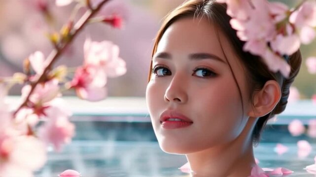 A serene woman relaxes in a floral bath, surrounded by cherry blossoms, symbolizing tranquility and beauty.