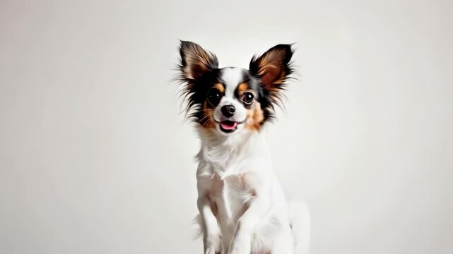 Small papillon dog standing on hind legs expression sequence for pet behavior or obedience training concept