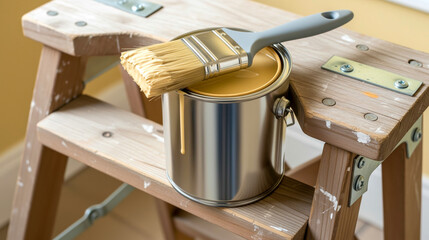 Open paint can with brush on wooden ladder during home renovation