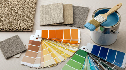 Paint color samples, fabric swatches and open paint can for interior design