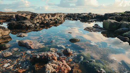 Rocky shoreline with tidal pool reflecting the sky and clouds on a sunny day at the beach area
