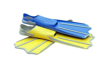 Blue and yellow diving fins on a white background