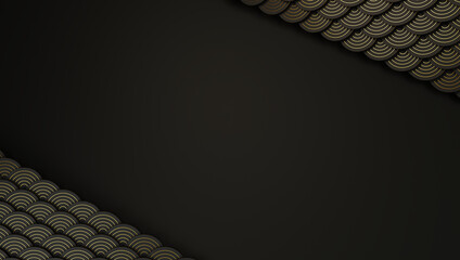 Elegant black background with gold scallop pattern borders, luxurious decorative texture.