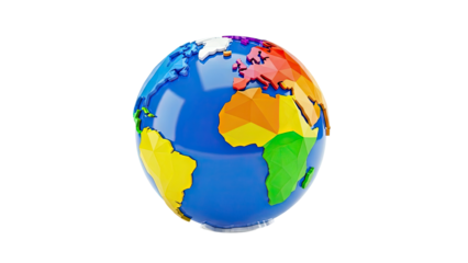 Low-Poly Globe with Colorful Continents on White Background