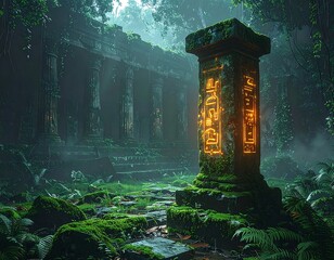 Ancient ruins glow in a dense, moss-covered jungle