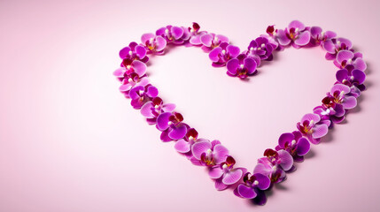 A heart outline made of vibrant purple orchids against a soft pink background, symbolizing love and elegance