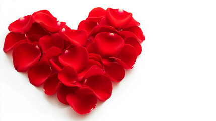 A heart-shaped arrangement of vibrant red rose petals on a pure white background, symbolizing love and romance
