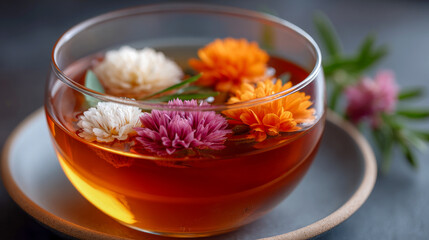 A glass bowl of Floral herbal tea holds floating colorful flowers on a grey plate, with blurred greenery in the background.