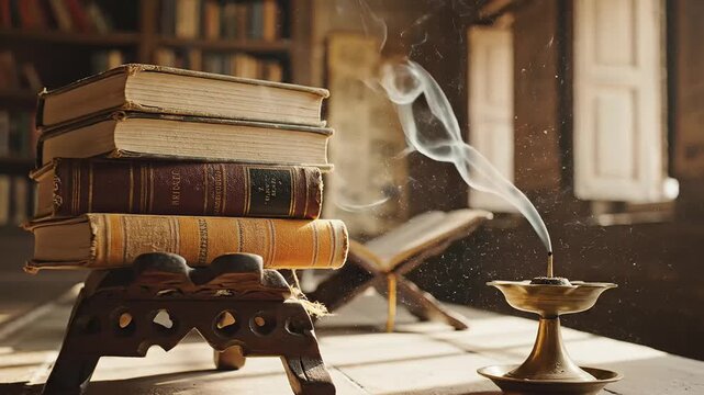 Ancient books stacked next to a traditional lit lamp for spiritual study and heritage