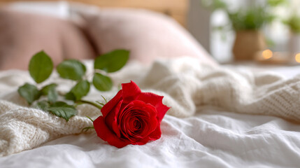Minimal Romantic Red Rose on White Bed Sheet