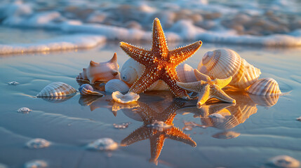 Starfish and seashells on wet sand reflecting the sky at sunset on the beach near the ocean