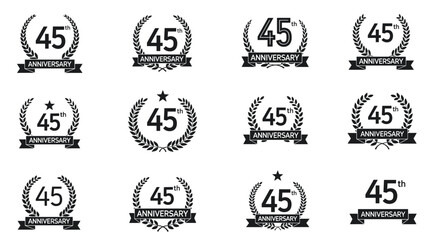 Fototapeta premium Set of twelve black and white 45th anniversary badges featuring laurel wreaths stars and ribbons in different arrangements.