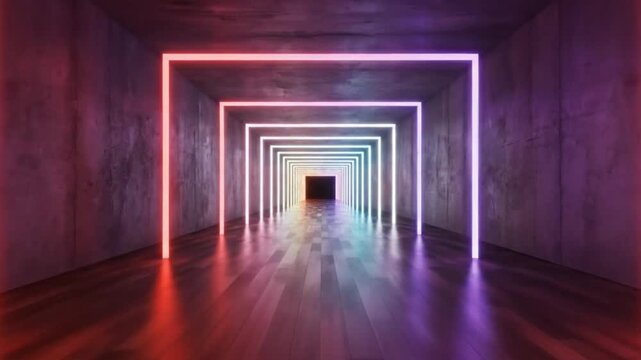 Futuristic neon light tunnel corridor with glowing geometric frames and reflective floor creating immersive cyber space atmosphere and modern sci fi design concept