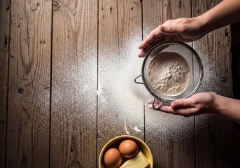 Hands sifting flour through a metal sieve under dramatic light, creating dust on a rustic wooden table with eggs and butter for baking.