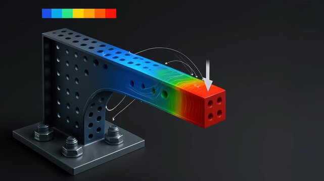 Next gen engineering solution simulation digital twin stress analysis for metal beam bracket load with heat map flow arrow and force concept dark