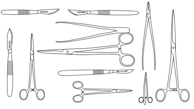 Detailed line drawings of multiple surgical instruments including scalpels scissors and tweezers for medical and healthcare themes.