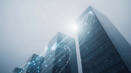 Abstract financial growth concept with glowing data lines rising over corporate skyscrapers