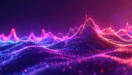 Abstract digital landscape with vibrant neon colors and glowing particles.