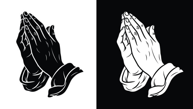 Two hands clasped together in prayer, one in black and white, the other in white on black.