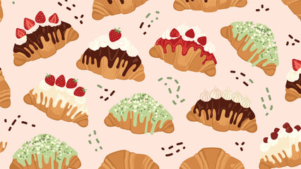 Seamless pattern of various delicious croissants decorated with chocolate, cream, strawberries, and green icing on a soft pink background.