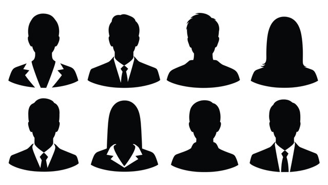 Silhouette avatars of business people are displayed in a grid.