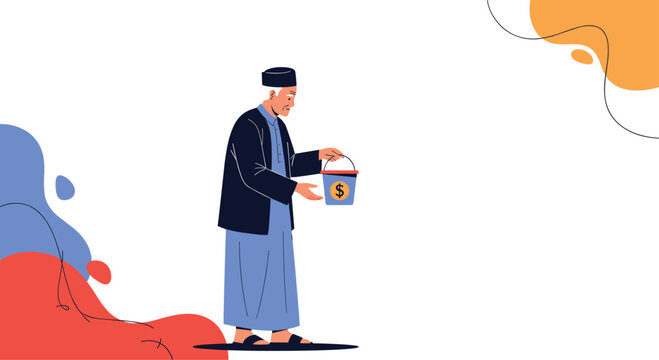 Man in traditional blue and black attire holding a blue bucket with a dollar sign for collecting charity or donations.