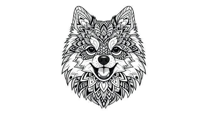 Intricate black and white mandala style illustration of a fox or dog head for adult coloring books and creative artistic projects.