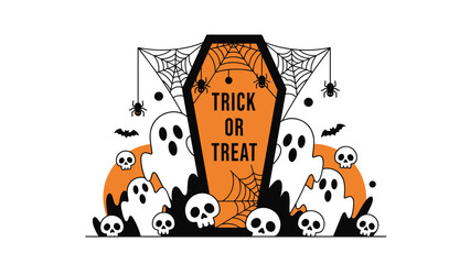 Fototapeta premium Spooky Halloween illustration with ghosts, skulls, and a coffin featuring the text trick or treat surrounded by cobwebs and bats on orange.